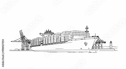 Large cargo ship docked at port, being loaded by cranes. Lighthouse visible