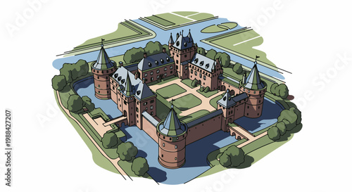 Illustrated aerial view of a fortified castle with moat, towers, and surrounding greenery