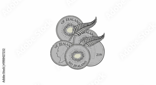 Stack of illustrated coins featuring kiwi fruit slices and fern fronds