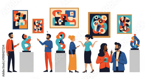 People Admiring Modern Art Sculptures and Paintings in Gallery.