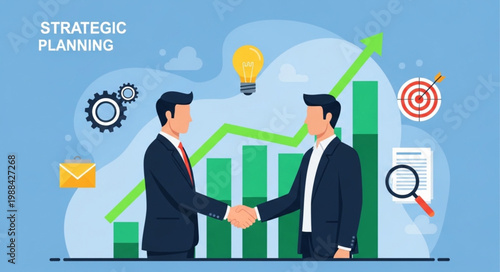 Two businessmen shaking hands with strategic planning graph and icons.