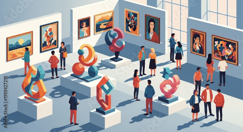 People Admiring Modern Sculptures and Paintings in an Art Gallery Exhibition.