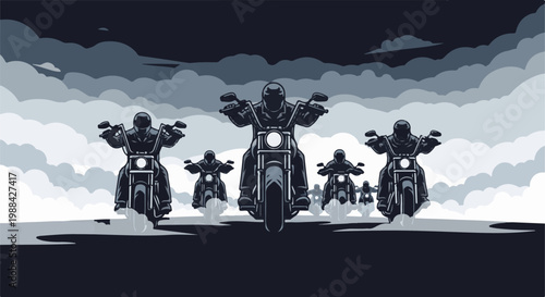 Group of motorcyclists in pixel art style riding under a cloudy sky