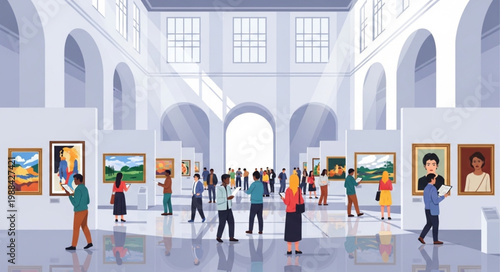 People admiring paintings in a large art gallery hall.