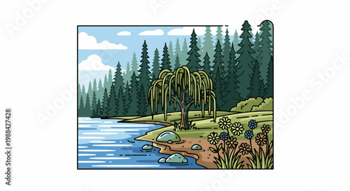 Serene lake scene with weeping willow, flowers, and pine forest