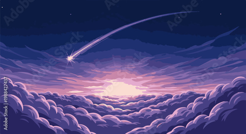 Pixelated sky with a shooting star and sunset clouds