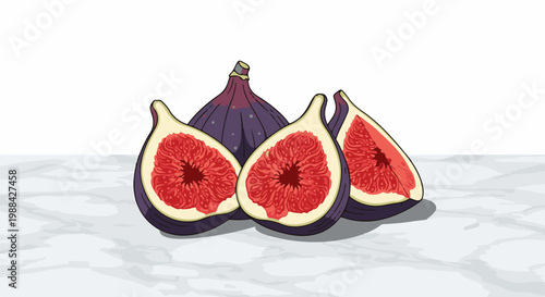 A vibrant illustration of whole and sliced purple figs on a marbled surface