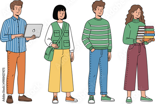 Vector illustration of young students holding laptops, books and bags in academic lifestyle design