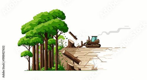 Bulldozer felling trees in a forest, creating debris and smoke