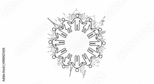 People holding hands in a circle with world landmarks in the background