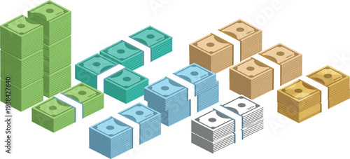 Vector illustration of colorful stacks of paper money in bundles representing wealth and finance design