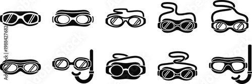 Black swimming and diving goggles vector icons collection, snorkel silhouette illustrations for water sports, scuba diving, snorkeling, and aquatic safety design