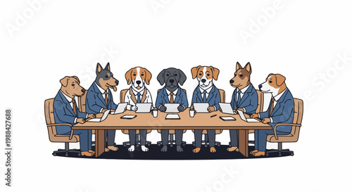 Cartoon dogs in suits attend a business meeting around a conference table