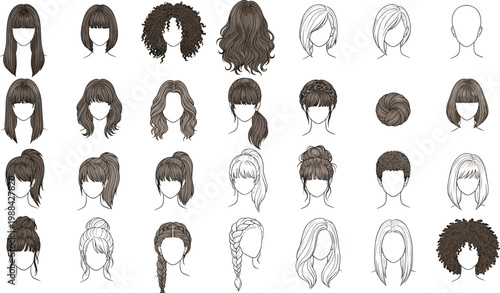 Vector illustration of diverse hairstyles including curly, straight, wavy and braided designs in fashion art