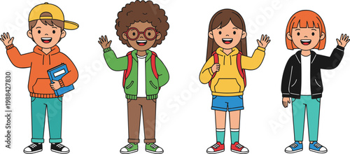 Vector illustration of diverse school children waving with books and backpacks in education design