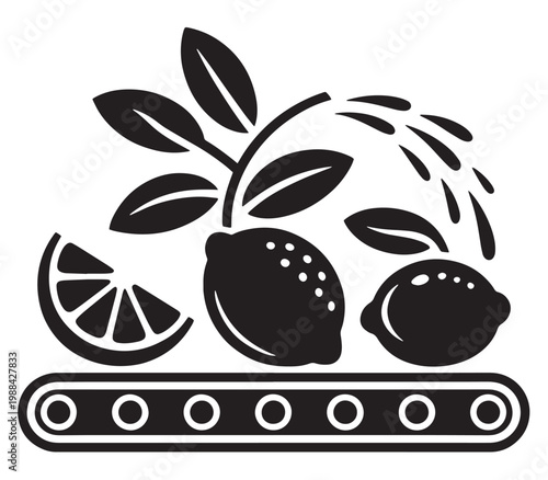Black and white illustration of lemons and slice on conveyor belt with water spray.