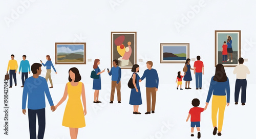 People admiring paintings in an art gallery exhibition.