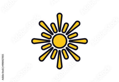 Bright yellow vector sun icon with rays emanating from a central circle