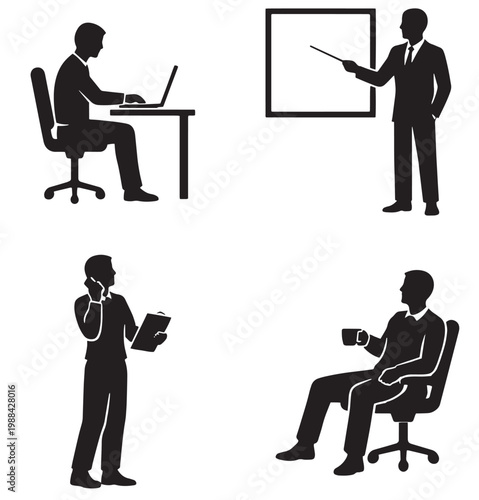 Four office worker silhouettes showing laptop presentation phone communication and coffee break in black and white grid