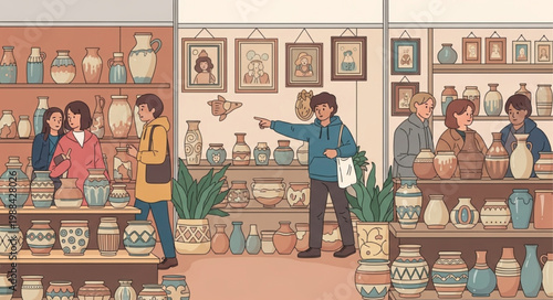 People browsing antique pottery collection in a museum or shop.