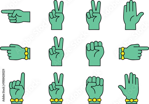 Vector illustration of stylized green hands making gestures with bracelets in communication design