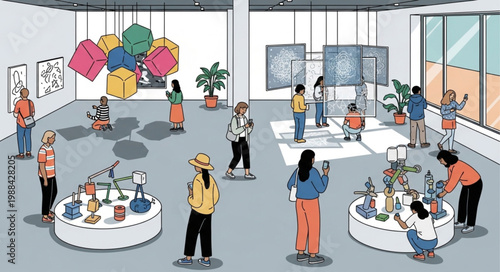 People browsing items in a modern retail store exhibition.