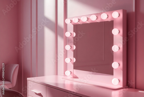 A pink vanity with a mirror and lights is displayed in a bedroom setting.