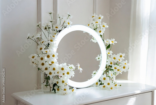 A circular mirror is surrounded by a bouquet of white daisies on a table in a softly lit room.