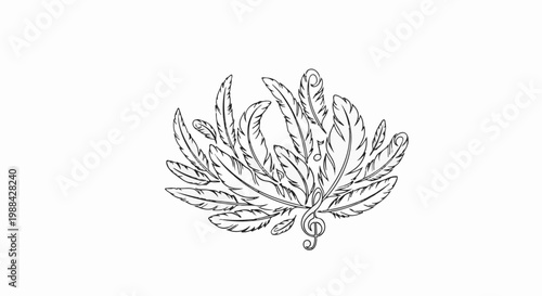 Delicate arrangement of various sized feathers and musical notes in sketch style