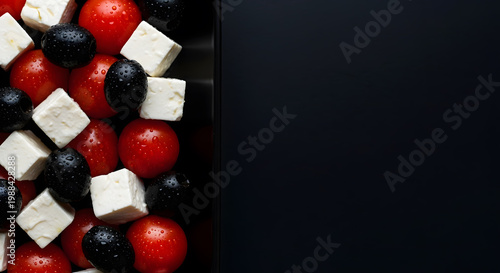 Fresh Greek Salad Ingredients with Feta Cheese, Cherry Tomatoes and Black Olives