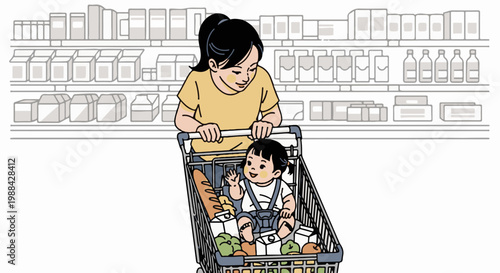 Mother and child shopping in a supermarket aisle, cart filled with groceries