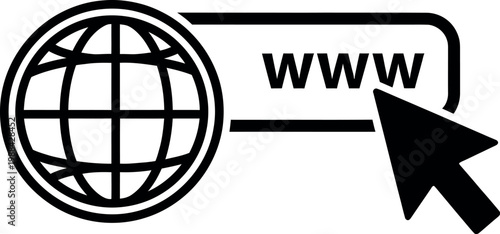 Black and white icon of a globe with a cursor clicking on www