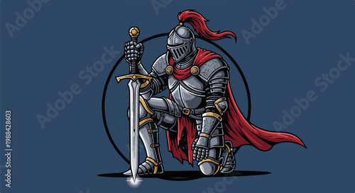 Medieval knight kneeling, holding sword, red cape, blue background