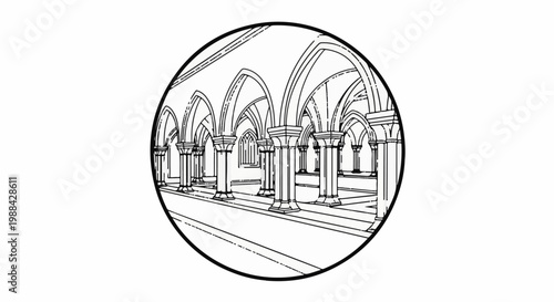 Interior view of an ancient stone arcade with pointed arches and columns, inside a circle