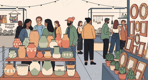 People browsing pottery and plants at an outdoor market stall.