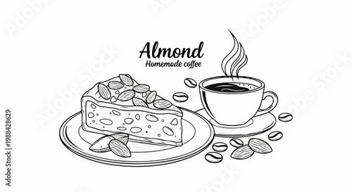 Delicious slice of almond cake with steaming coffee and scattered almonds