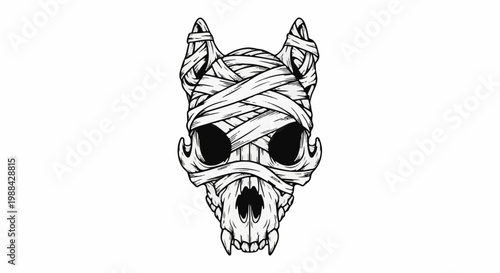 Bony skull with wrapped bandages around the ears and head