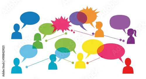 People communicating with colorful speech bubbles.
