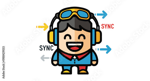 Cartoon character with headphones and arrows representing synchronization concept