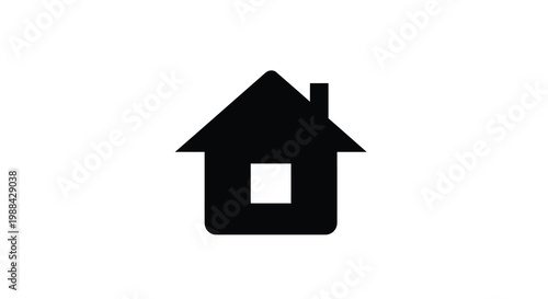 A simple black silhouette of a house with a pointed roof and chimney is shown