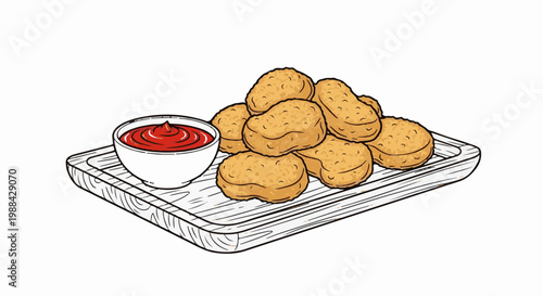 Golden brown nuggets piled on a wooden board next to a bowl of ketchup