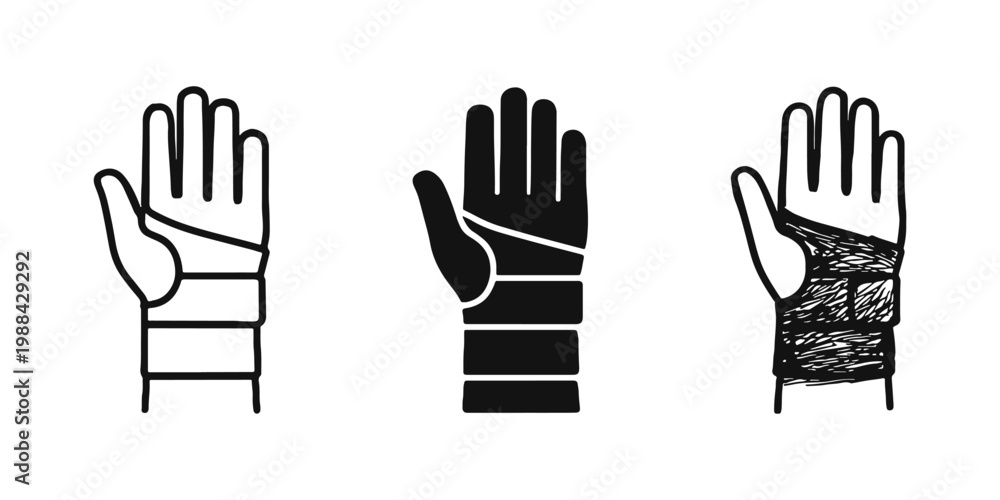 Obraz premium Hand with Bandage Injury Icon Set - Outline, Solid, and Hand-Drawn Styles