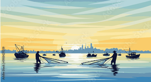 Fishermen cast nets at dawn with city skyline and boats in background