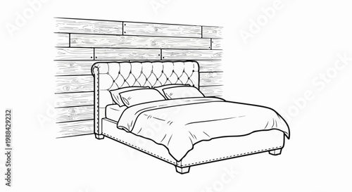 Line art of a tufted bed with pillows against a wood plank wall