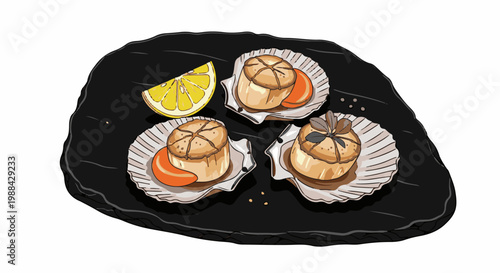 Delicious baked scallops served on a dark platter with lemon