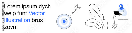Goal setting, online learning, digital productivity, business planning, communication, digital strategy. A target with an arrow and a person with a laptop. Goal setting and online learning concepts