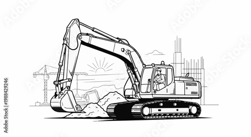Excavator on a construction site with cranes and unfinished buildings
