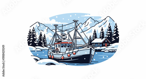 Fishing boat docked by a snowy cabin near mountains during snowfall