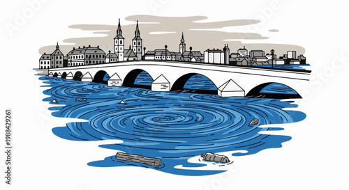 Flooded cityscape with a bridge, buildings, and debris in turbulent water