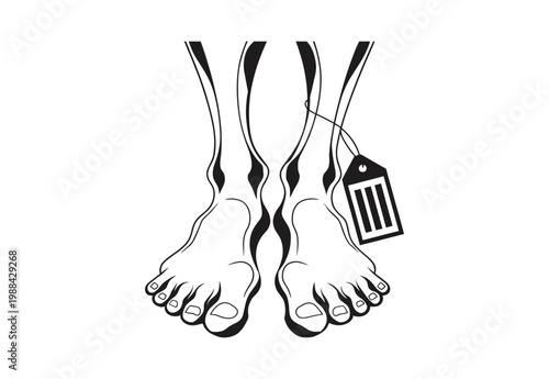Vector of two bare feet with a price tag attached to one toe